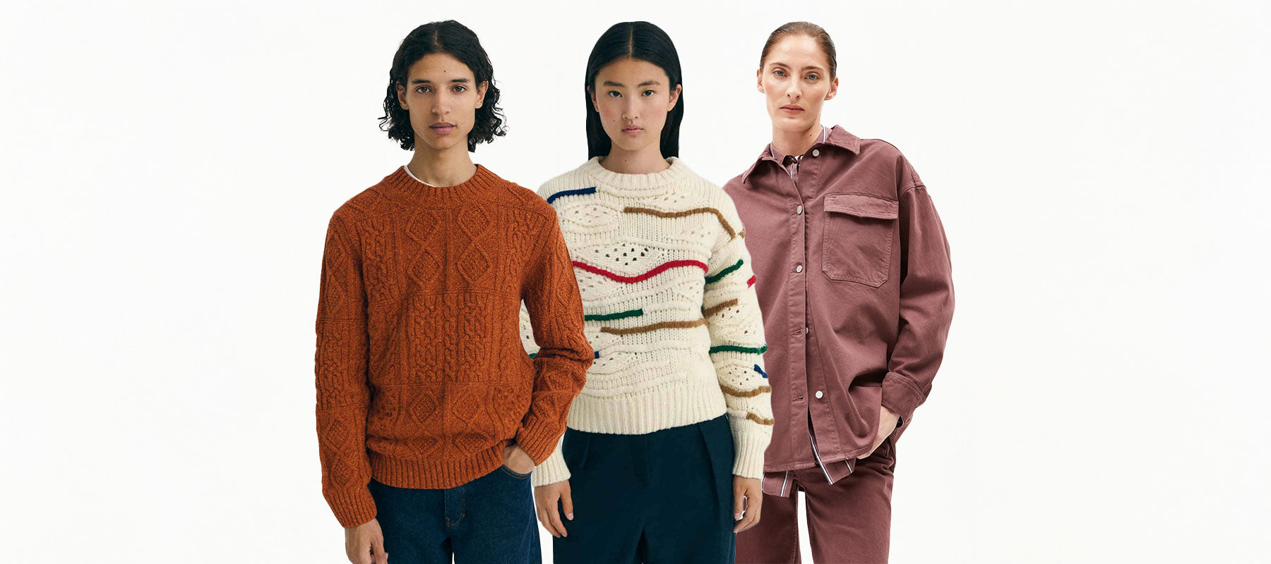 Three people wearing different outfits on a white background