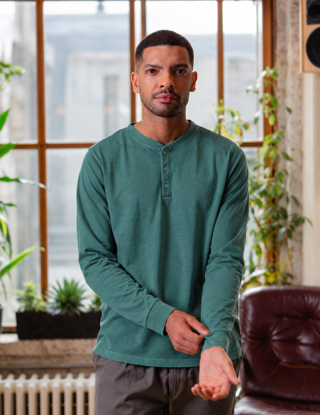 Fresh Vintage Heavyweight Washed Henley - Washed Green