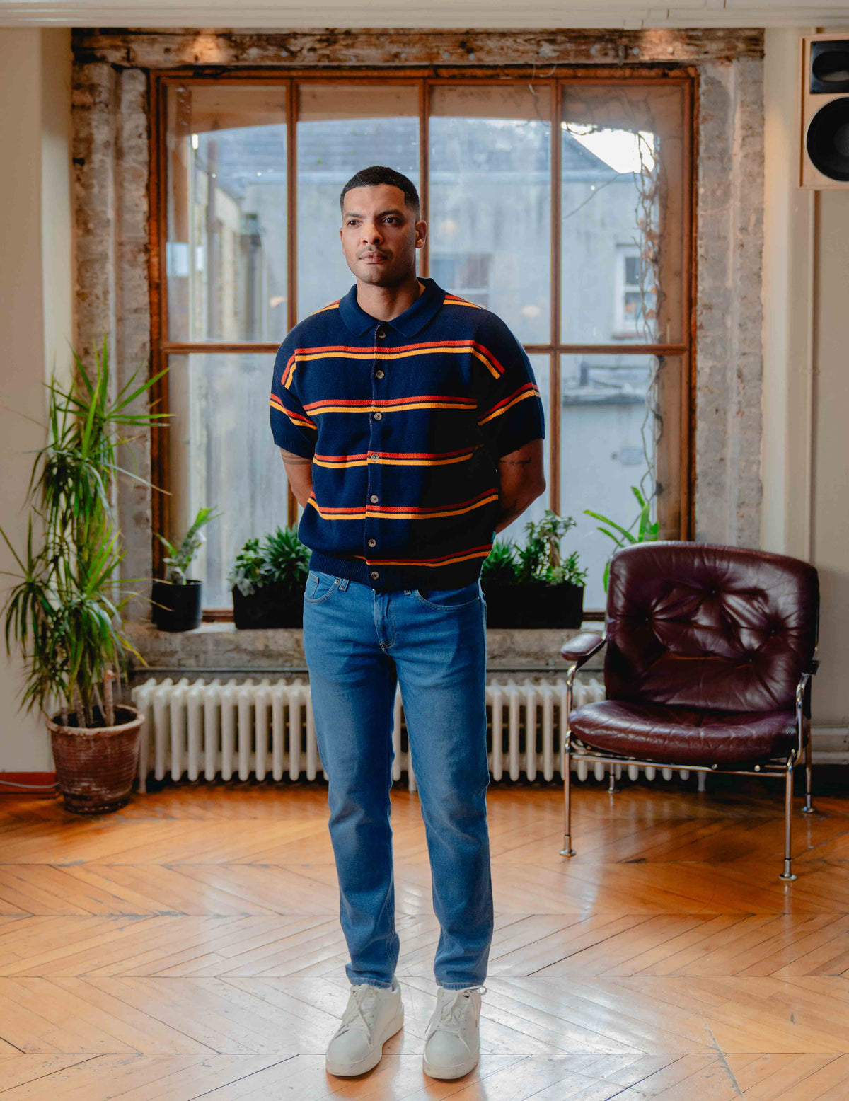 Fresh Knit Shirt - Navy & Orange Stripe