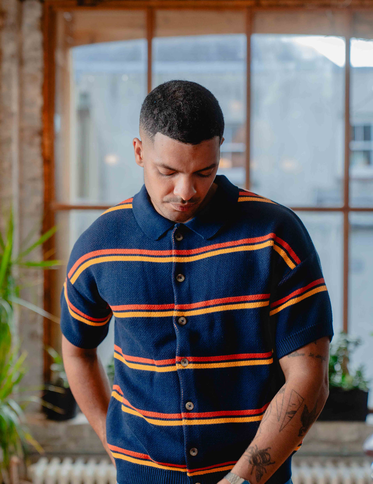 Fresh Knit Shirt - Navy & Orange Stripe