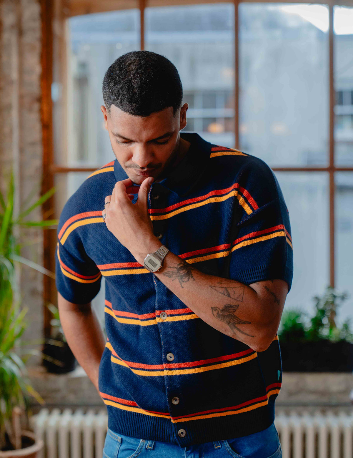 Fresh Knit Shirt - Navy & Orange Stripe