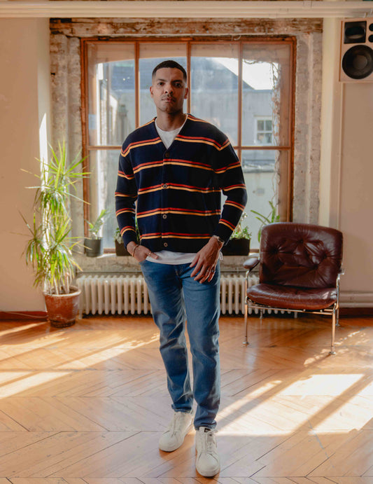 Fresh Knit Cardigan - Navy & Orange Stripe