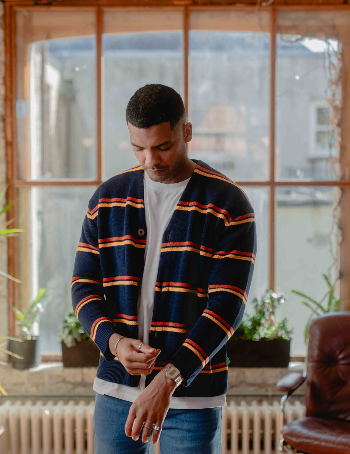 Fresh Knit Cardigan - Navy & Orange Stripe