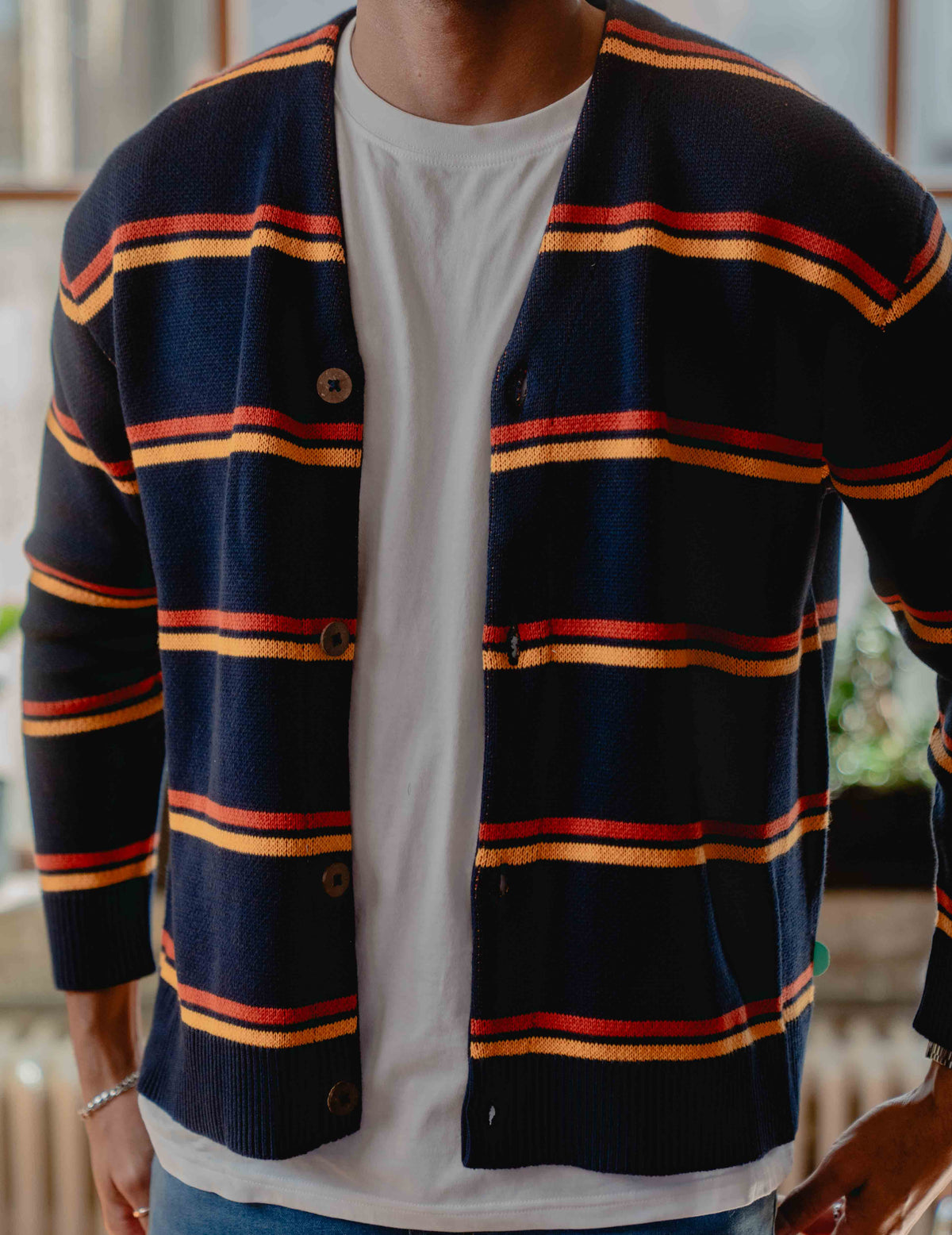 Fresh Knit Cardigan - Navy & Orange Stripe
